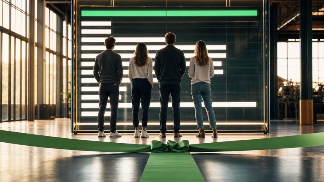 Gründerteam von hinten vor leuchtendem Ranking-Board in moderner Halle