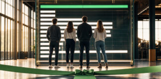 Gründerteam von hinten vor leuchtendem Ranking-Board in moderner Halle