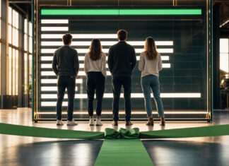 Gründerteam von hinten vor leuchtendem Ranking-Board in moderner Halle