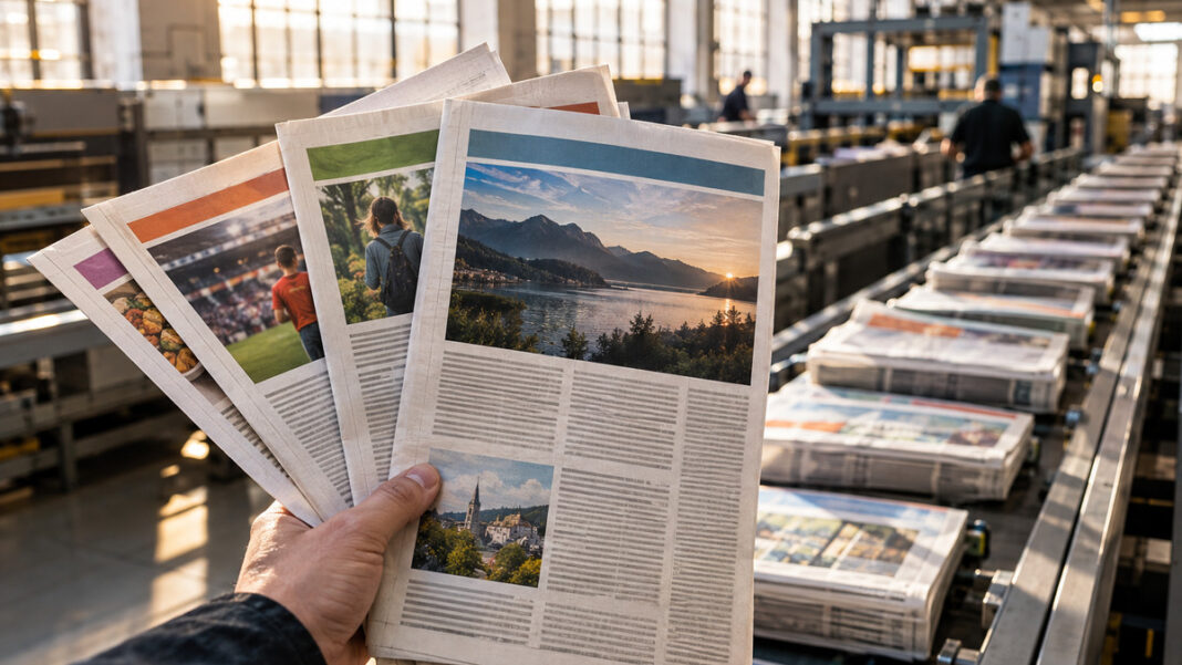 Personalisierte Zeitung in der Druckerei Hand sortiert unterschiedliche Zeitungsausgaben in einer Druckerei bei Morgenlicht.