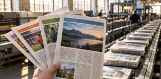 Hand sortiert unterschiedliche Zeitungsausgaben in einer Druckerei bei Morgenlicht.