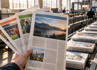 Yones entwickelt auf Leser zugeschnittene Zeitung Hand sortiert unterschiedliche Zeitungsausgaben in einer Druckerei bei Morgenlicht.