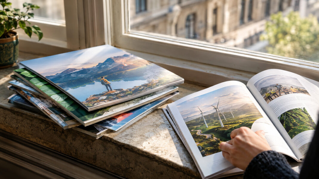 Wochenthemen im Überblick Hand blättert in einem Stapel Gründer-Magazine auf einer Fensterbank im Morgenlicht.
