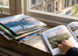Hand blättert in einem Stapel Gründer-Magazine auf einer Fensterbank im Morgenlicht.