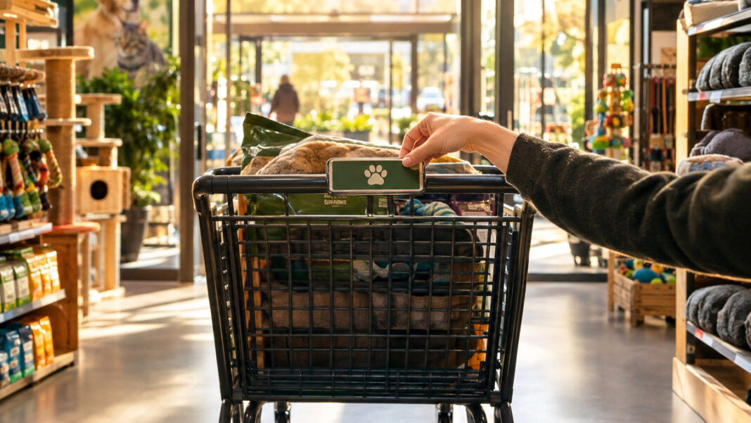 Einkaufswagen am Eingang eines Zoofachmarkts, eine Hand tauscht die Firmenplakette aus