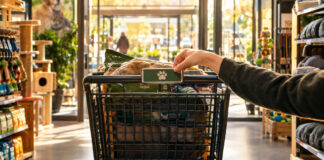 Einkaufswagen am Eingang eines Zoofachmarkts, eine Hand tauscht die Firmenplakette aus