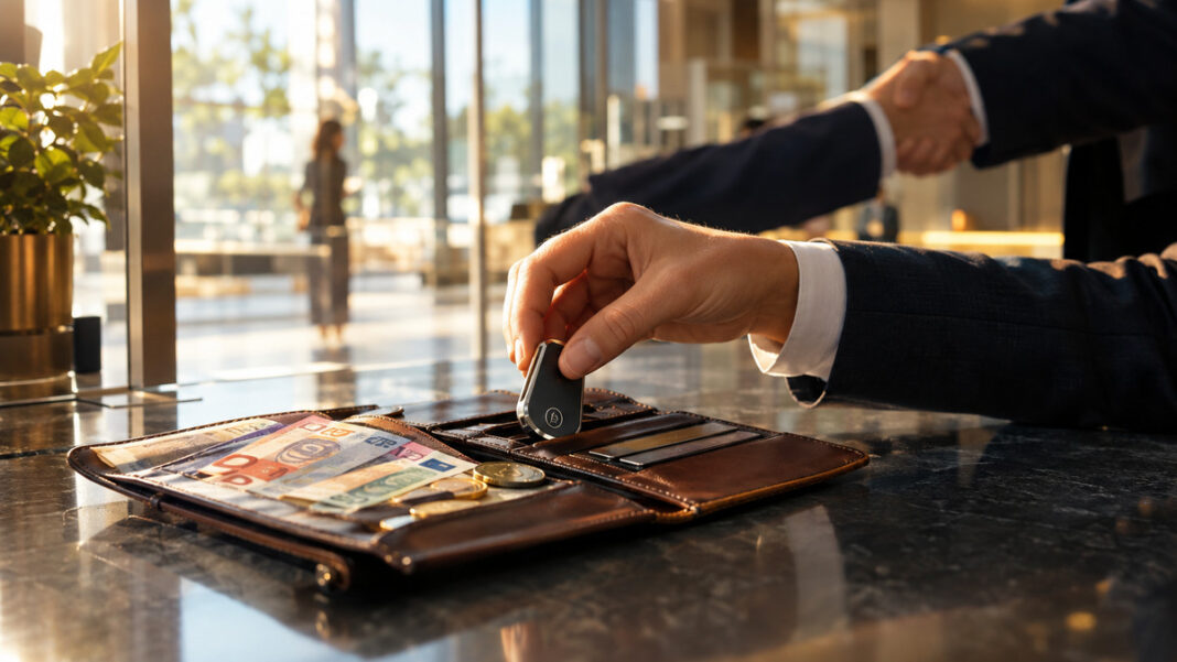 Hand setzt Bezahlschluessel in Ledermappe mit Banknoten; daneben Handschlag im Bankfoyer