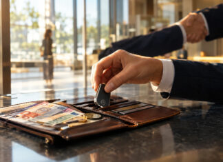 Hand setzt Bezahlschluessel in Ledermappe mit Banknoten; daneben Handschlag im Bankfoyer