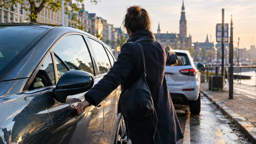 WunderCar-Start in Hamburg Carsharing-Auto an einer Hamburger Ladezone, eine Hand am Türgriff, Morgenlicht