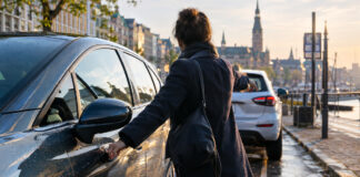 Carsharing-Auto an einer Hamburger Ladezone, eine Hand am Türgriff, Morgenlicht