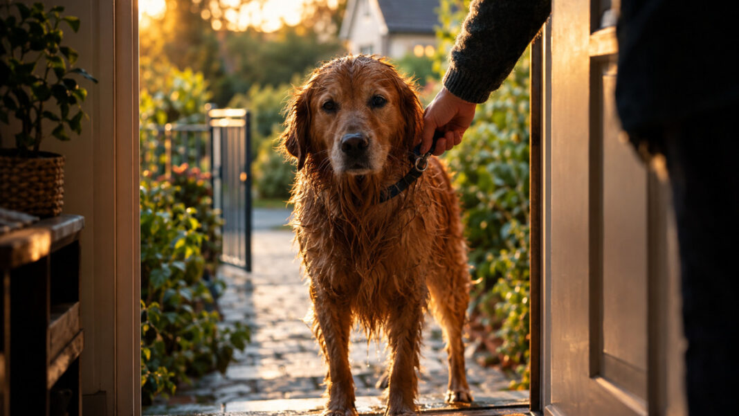 Hund kehrt heim Hund steht vor offener Haustuer, eine Hand fuehrt ihn behutsam hinein, warmes Abendlicht