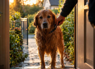 Hund steht vor offener Haustuer, eine Hand fuehrt ihn behutsam hinein, warmes Abendlicht