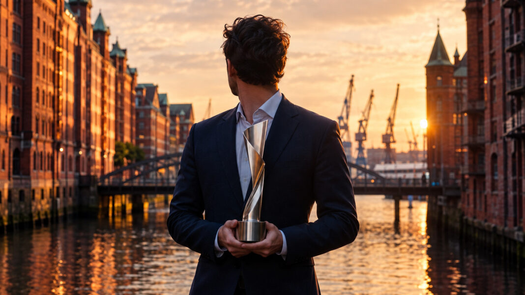 Webfuture Award Hamburg Start-up-Gründer mit Metallpokal vor Backsteinfassaden im Hamburger Hafen bei Abendlicht