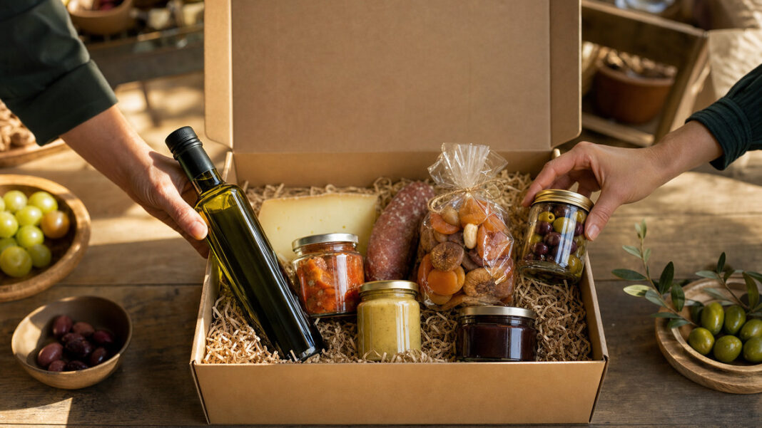 Geöffnete Delikatessen-Box mit Feinkost und Händen beim Einlegen im warmen Tageslicht