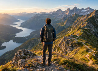 Wanderer mit Rucksack am Alpenpfad vor weitem Bergpanorama im Morgenlicht