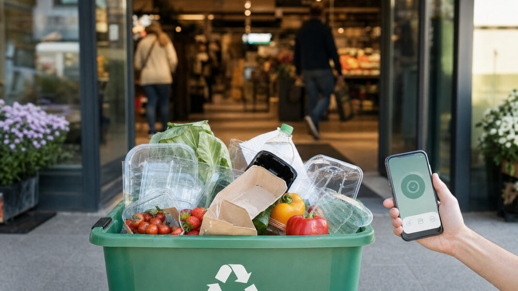 Recycling-Korb mit Verpackungen vor einem Supermarkt, daneben eine Hand mit Smartphone