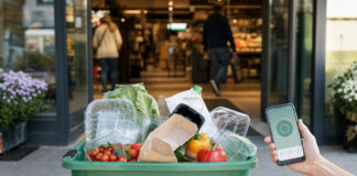 Recycling-Korb mit Verpackungen vor einem Supermarkt, daneben eine Hand mit Smartphone