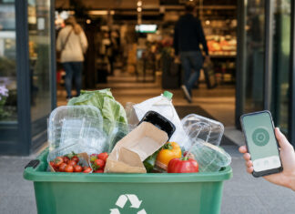 Recycling-Korb mit Verpackungen vor einem Supermarkt, daneben eine Hand mit Smartphone