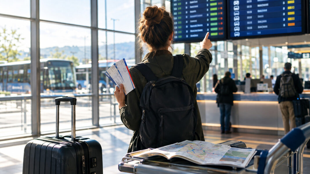 Person am Reiseschalter mit Fahrkarten, Abfahrtstafel und Rollkoffer in heller Bahnhofshalle.