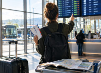Person am Reiseschalter mit Fahrkarten, Abfahrtstafel und Rollkoffer in heller Bahnhofshalle.