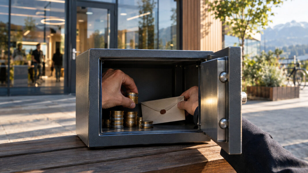 Hände füllen einen offenen Metalltresor vor einer Glasfront mit Münzen und einem versiegelten Umschlag.
