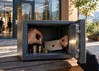 Hände füllen einen offenen Metalltresor vor einer Glasfront mit Münzen und einem versiegelten Umschlag.
