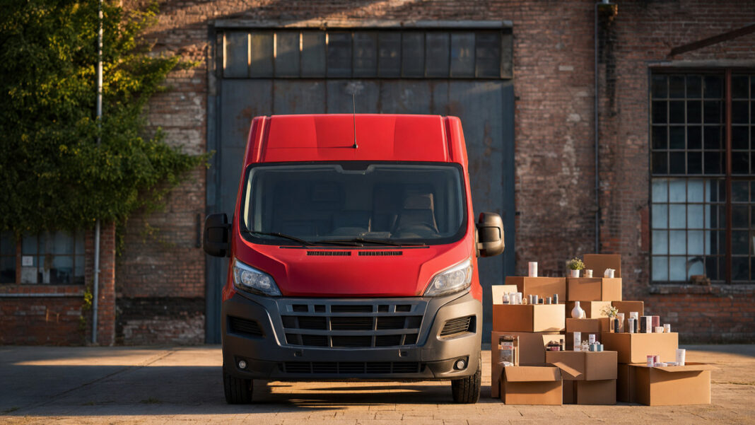 Roter Kurier-Van vor Paketboxen in einem Industriehof, warmes Tageslicht