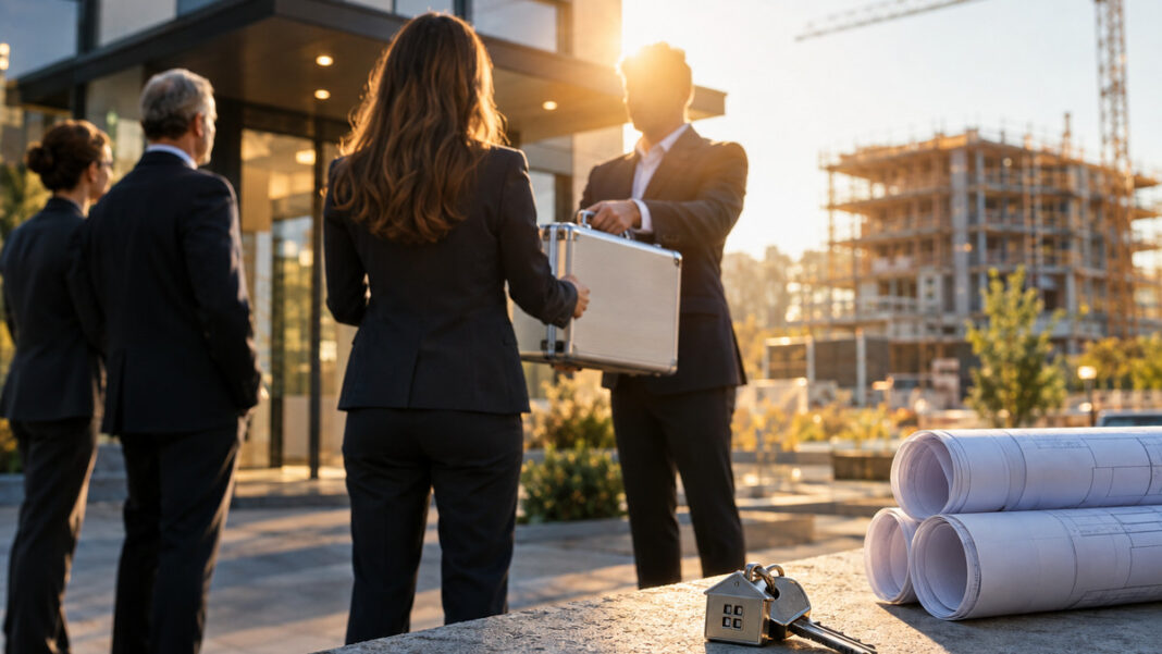 Immobilienstart erhält Millionen Investorengruppe übergibt vor einem Neubau einen Geldkoffer; im Vordergrund Modell-Hausschlüssel.