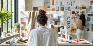 Zwei Personen arbeiten an einer Design-Collage mit Farbfeldern und Musterproben im hellen Studio.