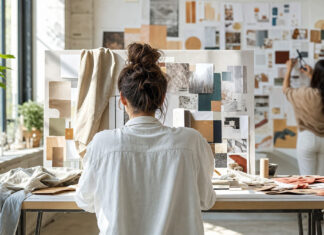 Zwei Personen arbeiten an einer Design-Collage mit Farbfeldern und Musterproben im hellen Studio.
