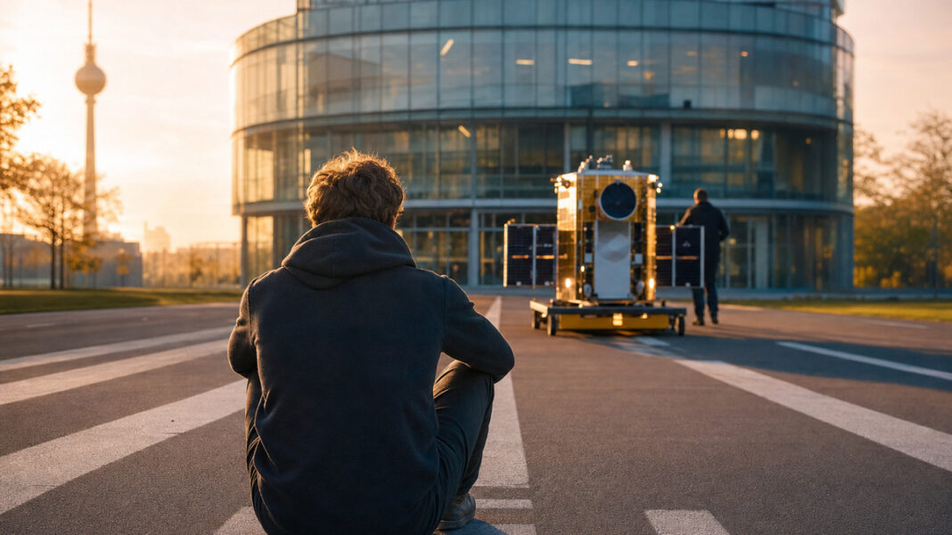 Gründer von hinten vor einem kleinen Satelliten auf Rollwagen im Morgenlicht