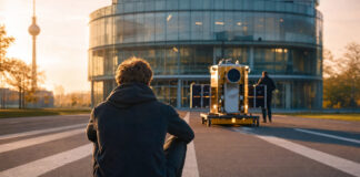 Gründer von hinten vor einem kleinen Satelliten auf Rollwagen im Morgenlicht