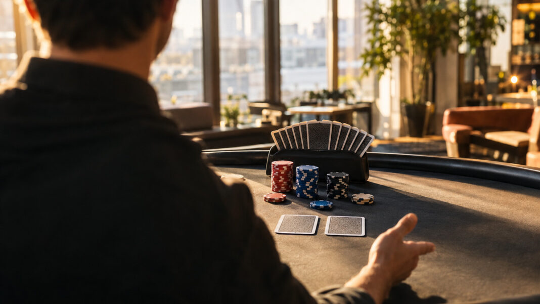 Poker-Modul im Spielestudio Pokerchips, verdeckte Karten und Kartenhalter auf einem Tisch im Studio bei Tageslicht