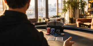Pokerchips, verdeckte Karten und Kartenhalter auf einem Tisch im Studio bei Tageslicht