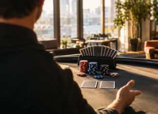 Pokerchips, verdeckte Karten und Kartenhalter auf einem Tisch im Studio bei Tageslicht