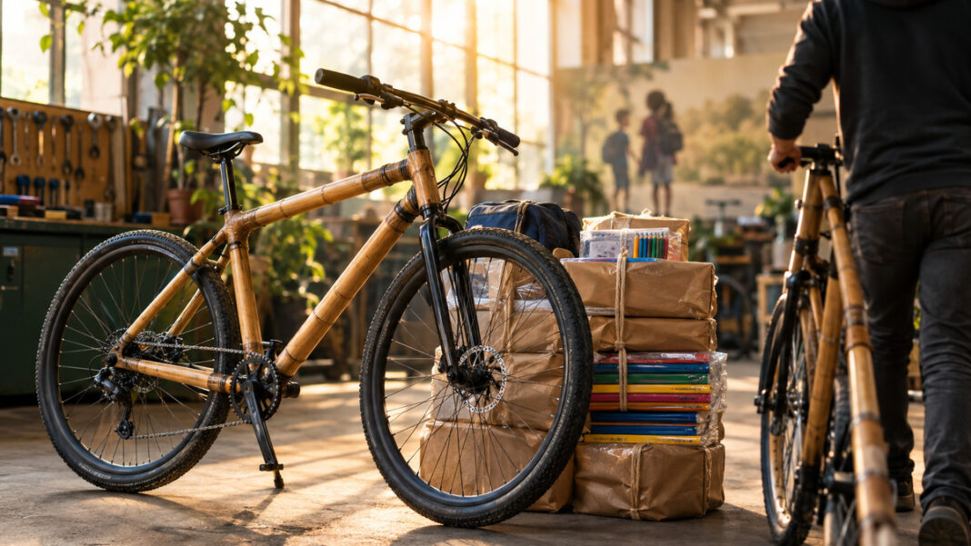 Bambusfahrrad für Bildung Bambusfahrrad neben Schulmaterialien in einer hellen Werkhalle, Person reicht ein Rad an