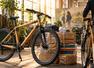 Bambusfahrrad neben Schulmaterialien in einer hellen Werkhalle, Person reicht ein Rad an
