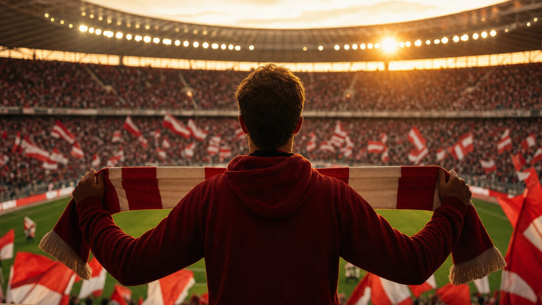 Fußballfan von hinten vor beleuchteter Stadiontribüne mit Schal in den Händen
