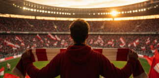 Fußballfan von hinten vor beleuchteter Stadiontribüne mit Schal in den Händen