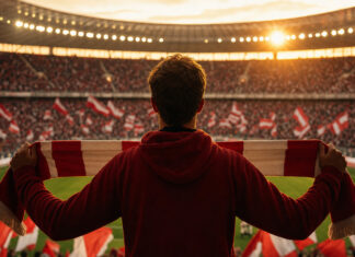 Fußballfan von hinten vor beleuchteter Stadiontribüne mit Schal in den Händen