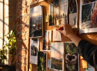 Pinnwand in einer Redaktion mit Heften, Fotoabzügen und einer Hand, die eine Karte ergänzt