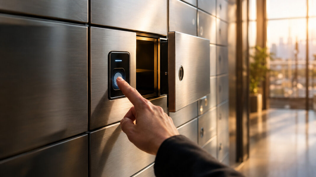 Biometrisches Schließfachsystem Hand scannt biometrisches Schliessfach, daneben öffnet sich ein Fach in hellem Tageslicht.