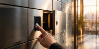 Hand scannt biometrisches Schliessfach, daneben öffnet sich ein Fach in hellem Tageslicht.