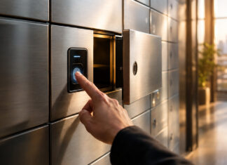 Hand scannt biometrisches Schliessfach, daneben öffnet sich ein Fach in hellem Tageslicht.