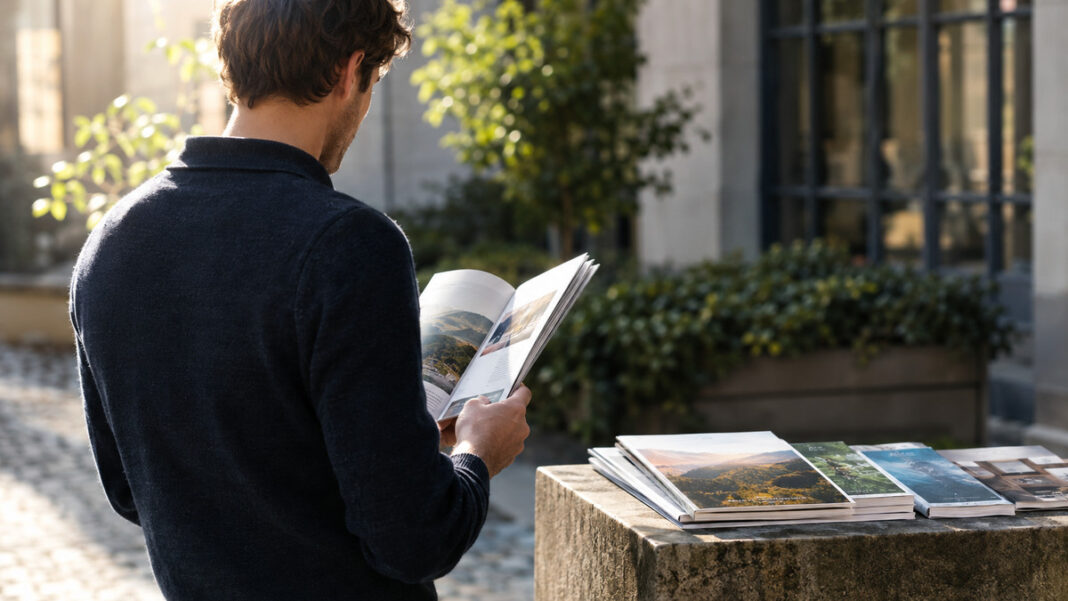 Rückblick auf spannende Themen Person blättert durch ein Magazin neben mehreren ausliegenden Heften im Morgenlicht