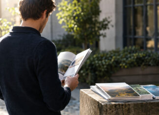 Person blättert durch ein Magazin neben mehreren ausliegenden Heften im Morgenlicht