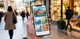 Hand hält Smartphone mit digitalem Angebotskatalog vor einer Ladenfront in der Innenstadt