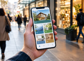 Hand hält Smartphone mit digitalem Angebotskatalog vor einer Ladenfront in der Innenstadt