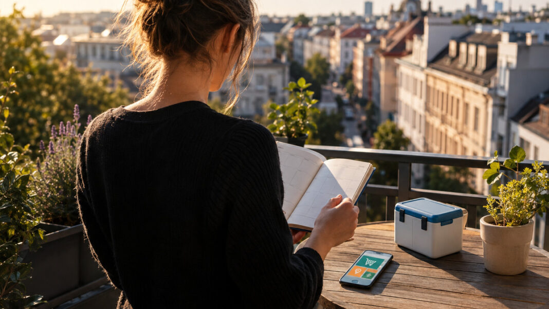 Wochenrückblick Gründer Person von hinten auf Balkon mit Wochenplaner und drei Symbolobjekten im warmen Licht