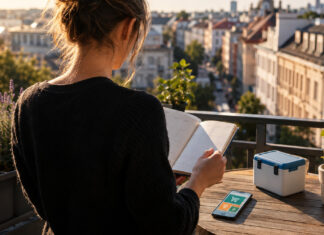 Person von hinten auf Balkon mit Wochenplaner und drei Symbolobjekten im warmen Licht